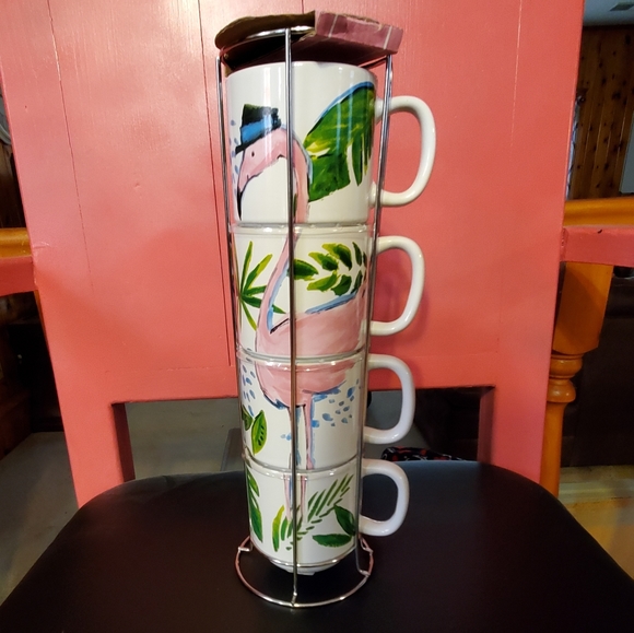 Stackable flamingo mugs with holder 4 mugs NWT - Picture 9 of 12